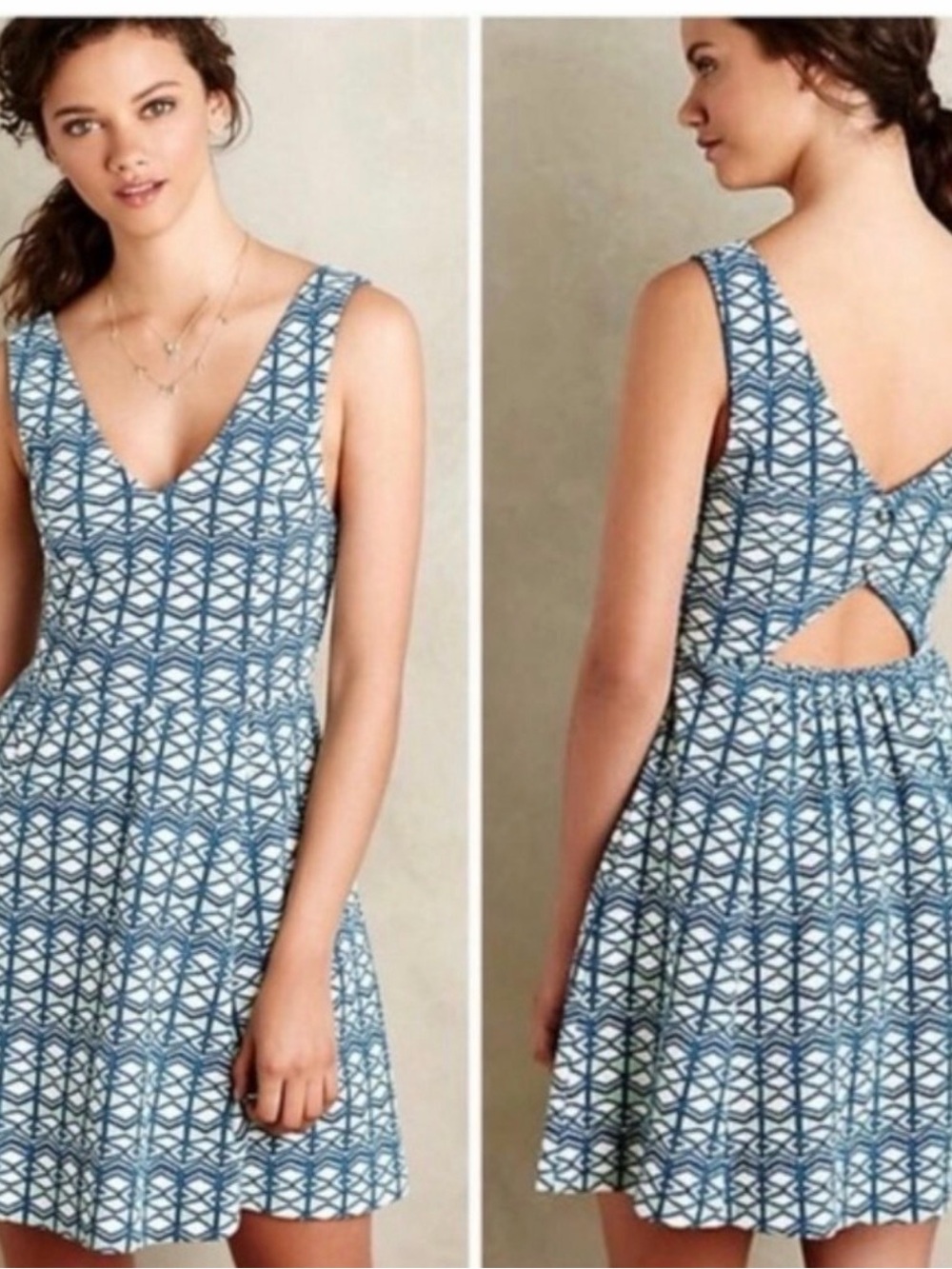 Anthropologie Maeve Blue & White Geometric V-Neck Mini Dress with Back Cutout